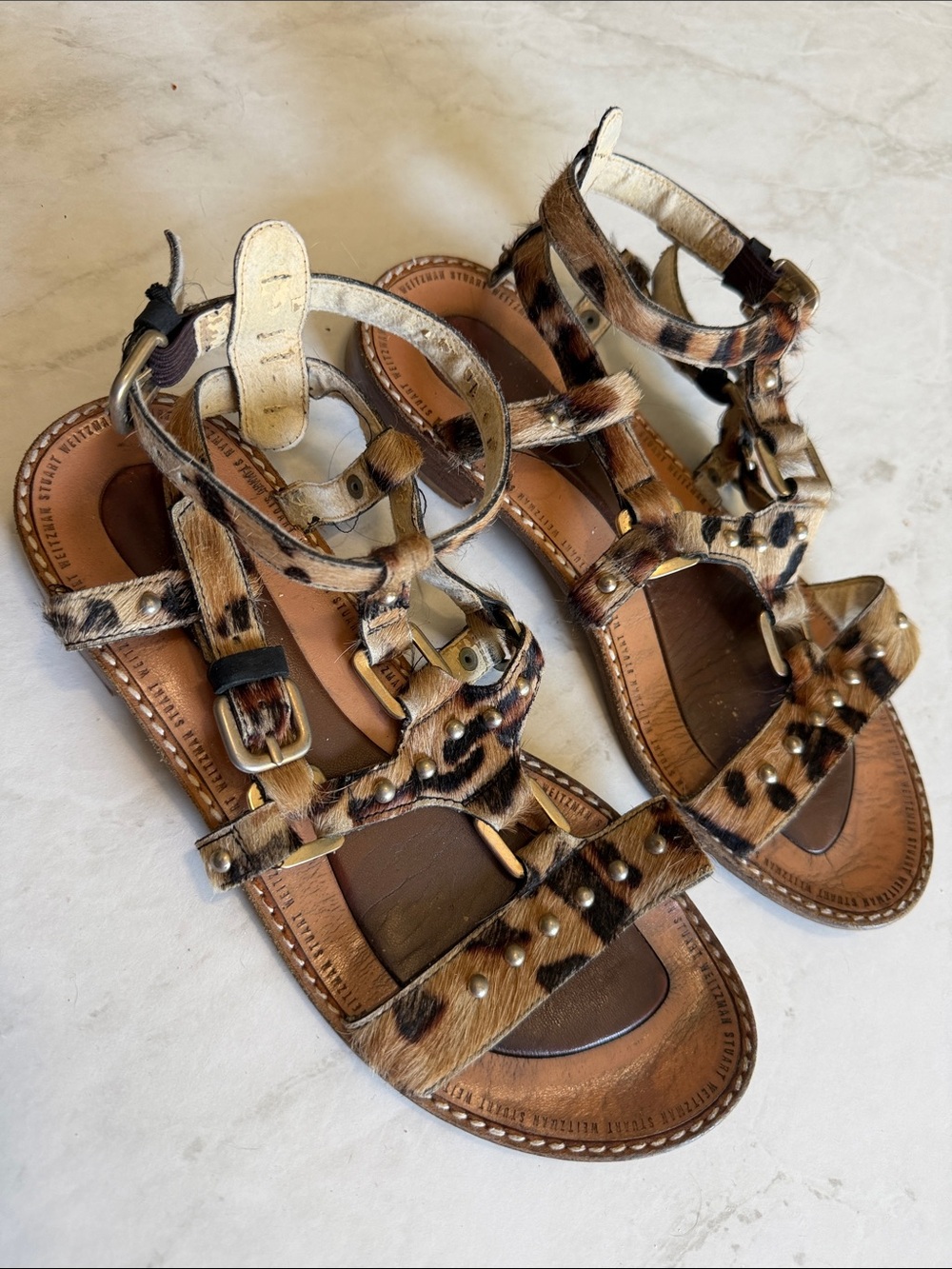 Stuart Weitzman Leopard Haircalf Studded Gladiator Sandals - Brown & Black